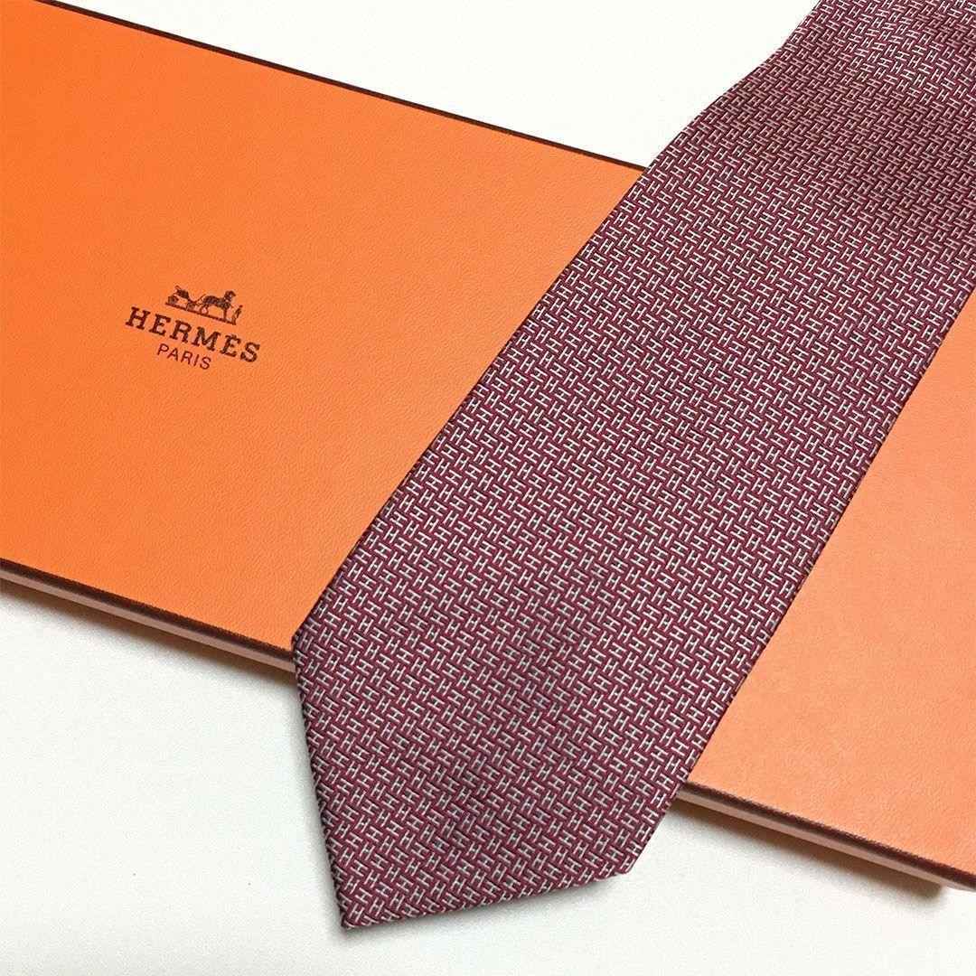 HERMES Necktie Tie Wine Red All over H Logo pattern 100% Silk Made in France