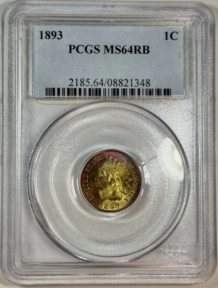 Centavo Indian Head 1893 1C graduación profesional MS 64 RB (hermosa tonificación) Foto 3 de 3
