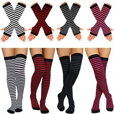 8 Pcs Womens Striped Knee High Socks Stockings Y2K 4-black/Red/Grey/Fuchsia