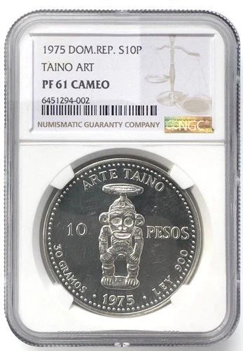 1975 DOMINICAN REPUBLIC SILVER 10 PESOS TAINO ART PF61 CAMEO NGC