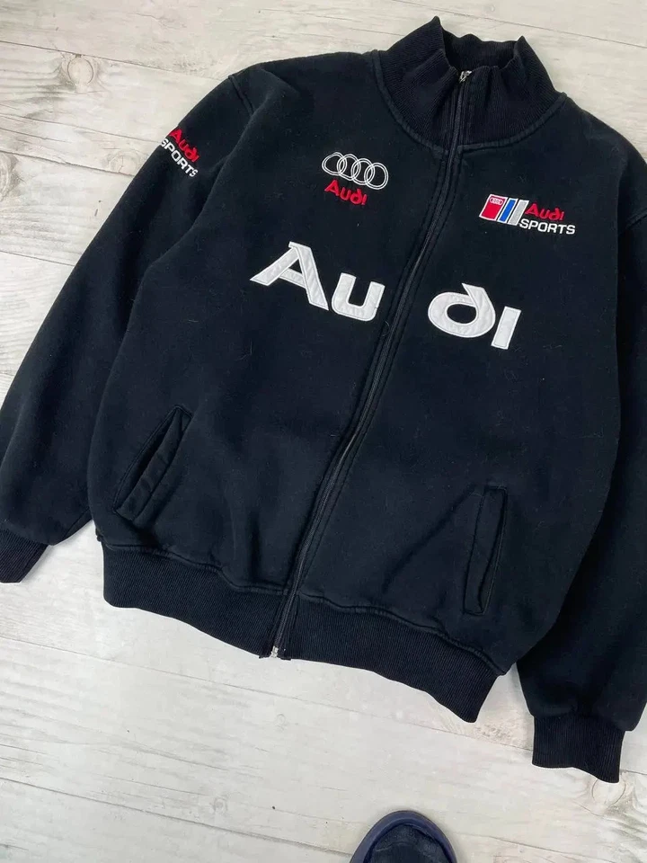 Vintage Audi Sweatahirt Zip Up 90s Big Logo Jacket Men Size XL Black - Image 3 of 4