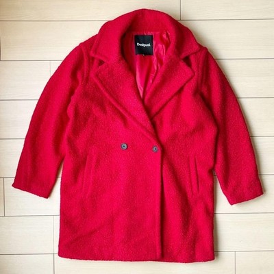 Desigual Boucle Chester Red Coat with Collar, Size XL, Pre-owned