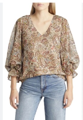 Vince Camuto Women's Balloon Sleeve French Roast Fall Forward Blouse Medium Xxl