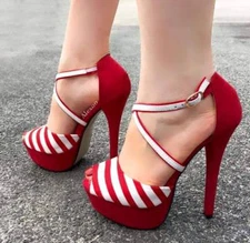 Women Ladies Fashion Peep Toe Striped Platform Super High Heel Sandals Shoes IEO