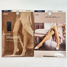 2 MARKS & SPENCER Invisible Shaper & Ultra 3D Tights Pantyhose Black/Tan MEDIUM