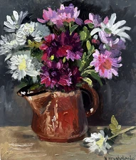 Original Oil Painting Still life with chrysanthemums in vintage ceramic vase