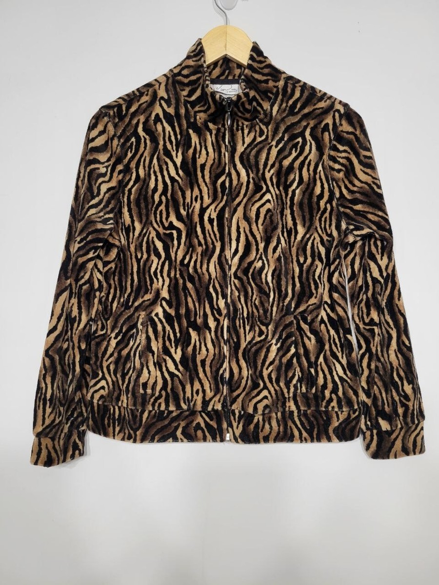 Kim Rogers Petite Small Tiger Zip-up Velour Jacket With Front Pockets