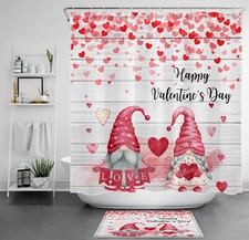 Vintage Pink Gnome Happy Valentine's Day Shower Curtain Bathroom Accessories Set