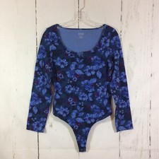 PINK Victoria's Secret Blue Floral Bodysuit Size L Long Sleeves Thong Bottom NWT