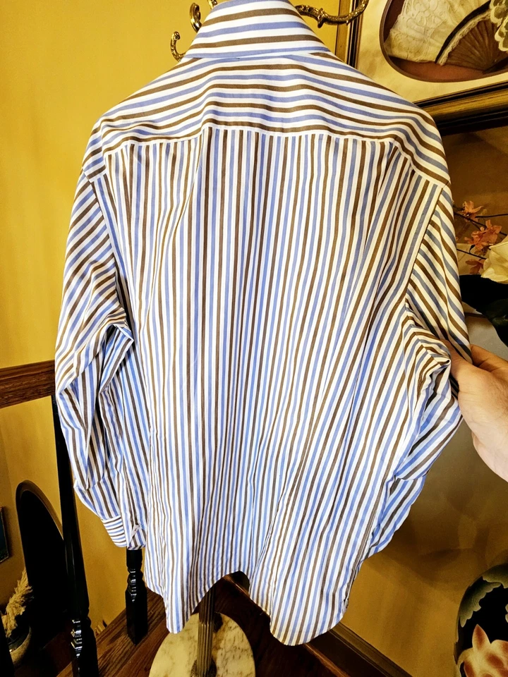 Camisa Isaia Algodón Rayas Blanca con Rayas Azules y Marrón Hecha a Mano en Italia $695 Foto 2 de 4