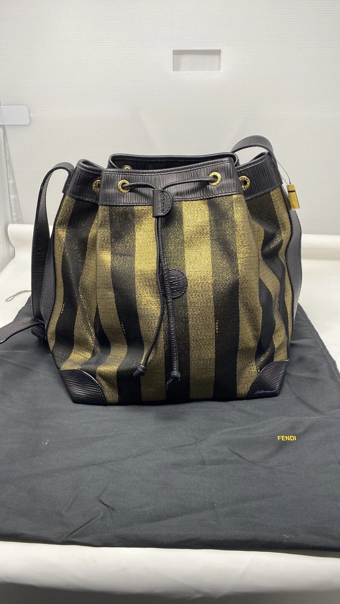 FENDI Vintage Bucket Bag Lame Fop with Black and Gold Straw with