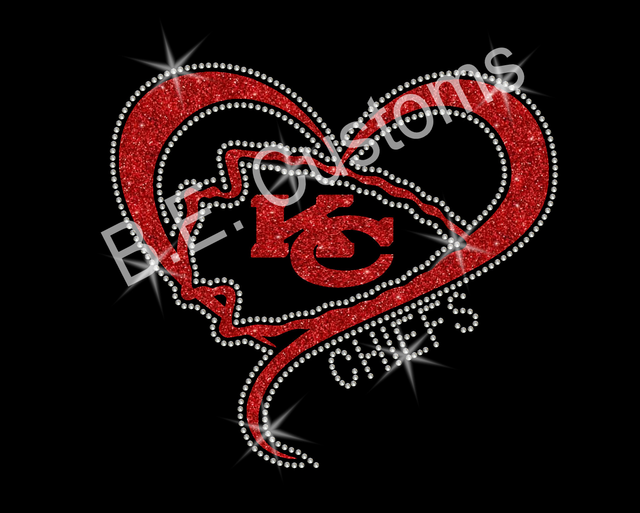 Chiefs heart Ironon Glitter Vinyl & Rhinestone Transfer Free Shipping