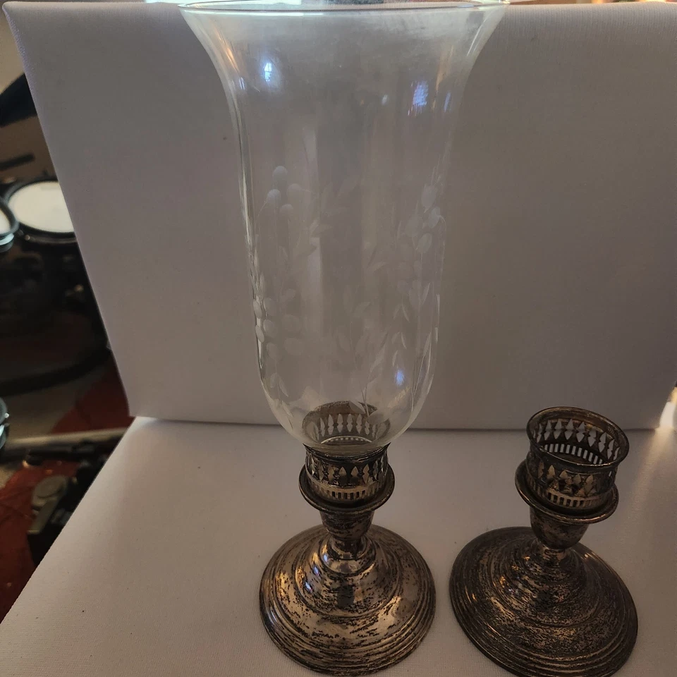 1940's Wm. Rogers Weighted Sterling Candleholders W/ 1 Etched Hurricane Glass - Image 4 of 4