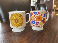 2 Vintage MCM Retro Coffee Tea Mugs Flowers Yellow Red Blue Stacking