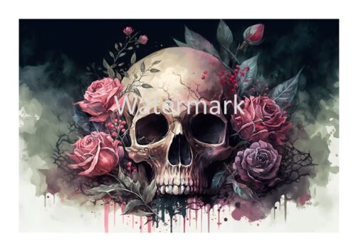 Affiche d'art mural crâne gothique A3 A4 imprimée avec fleurs roses, décoration d'intérieur - Photo 1/2