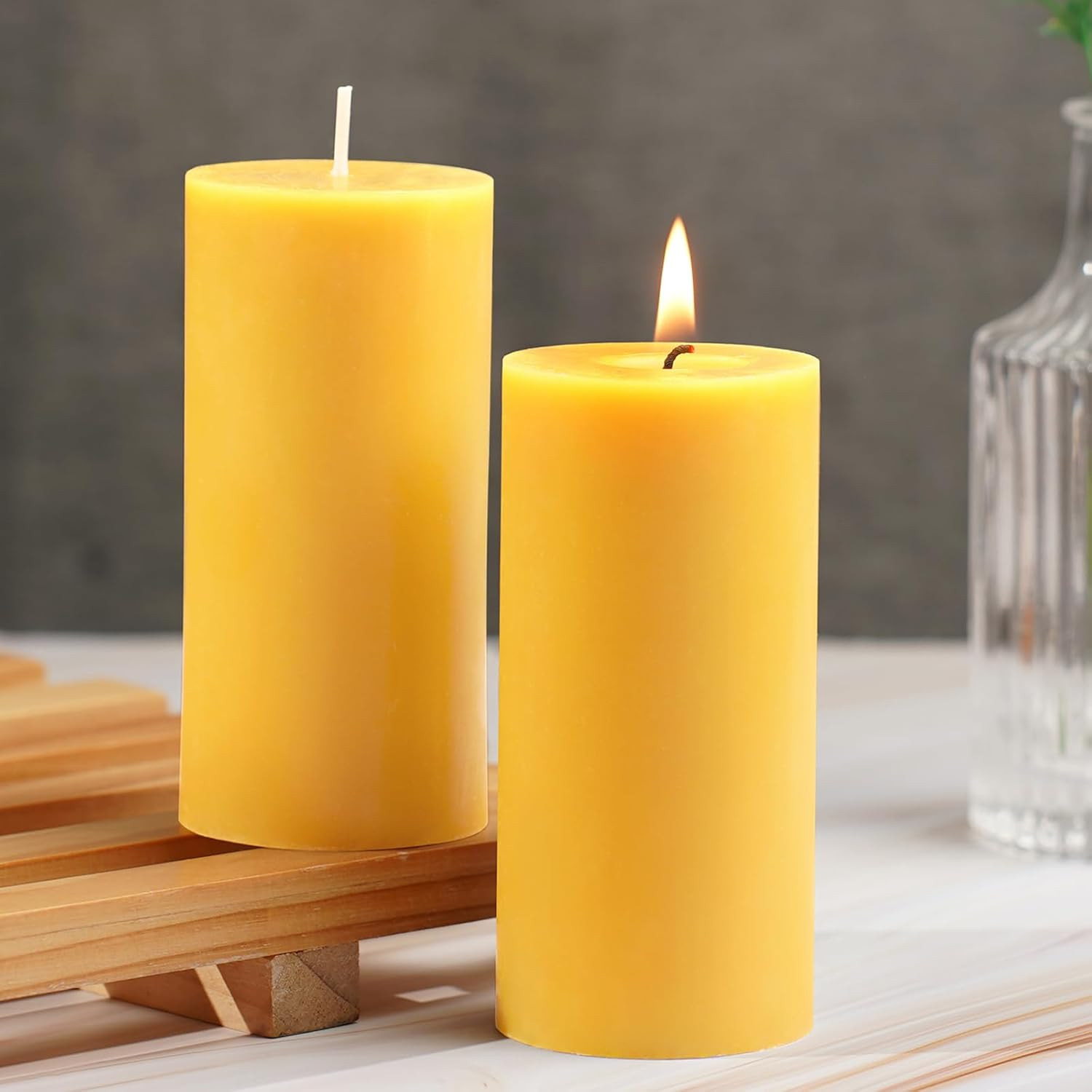 100% Pure Natural Beeswax Pillar Candles Set of 2 70 Hour Burn Smokeless