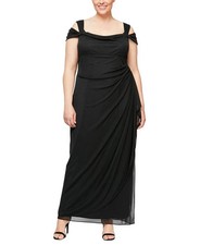 Alex Evenings Plus Size Draped Cold-Shoulder Evening Dress Black 16 | MSRP $169