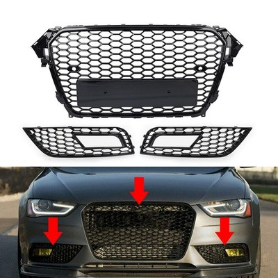 Front Hood Grille Fog Light Covers Honeycomb Black For Audi A4 Standard 2013-16
