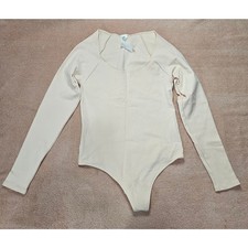 Fabletics Cream Long Sleeve Scoop Neck Thong Bodysuit women's Size Large