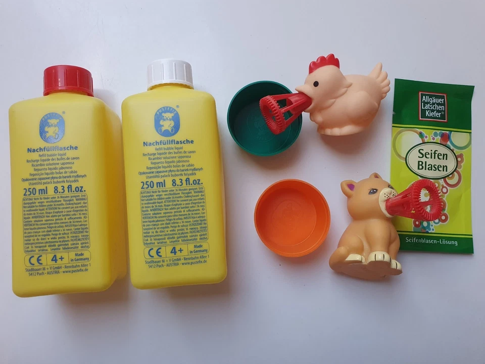 Pustefix 2 Tiere Drücktiere Katze Huhn 250 ml + 120 ml Seifenblasen-Lauge