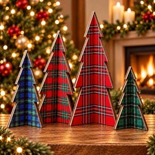 4 Sets Tartan Plaid Mini Christmas Trees Tabletop Decor Wooden Plaid