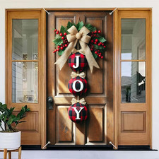 Christmas JOY Door Banner with Buffalo Plaid Balls and Burlap Bow Hanging Front