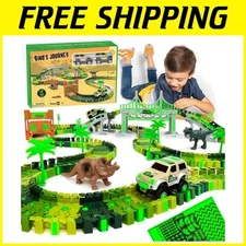 Glow in the Dark Dinosaur Racetrack Toy Set with T-Rex & Triceratops for Kids