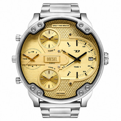 NEU Diesel DZ7495 Herren Oversized Uhr Gold Zifferblatt Multi Zeitzone Edelstahl