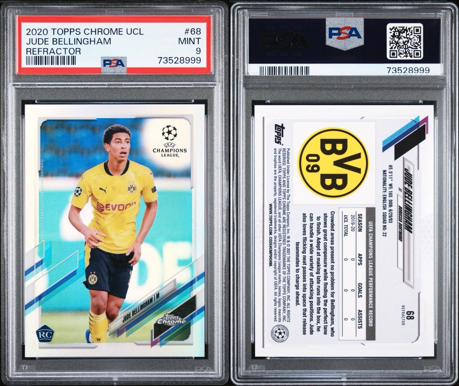 2020-21 Topps Chrome UEFA Jude Bellingham Refractor RC Rookie PSA 9