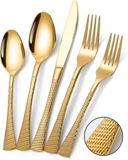 Lemeya Hammered Gold Silverware Set,20 Piece Modern Flatware Set Service for 4,M