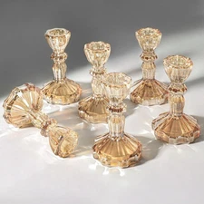 Gold Glass Candlestick Set of 6 Clear Crystal Glass Candle Holders Taper Hold...