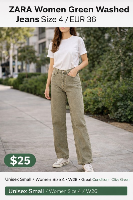 ZARA Women Olive Green Straight Leg Jeans Size 4 EUR 36 W26 High Waist Washed