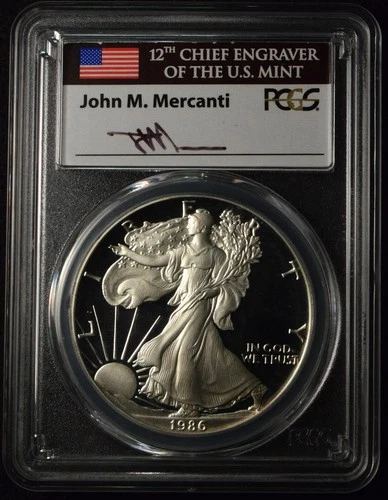1986-S $1 AMERICAN SILVER EAGLE PROOF COIN PCGS PR70 MERCANTI SIGNED