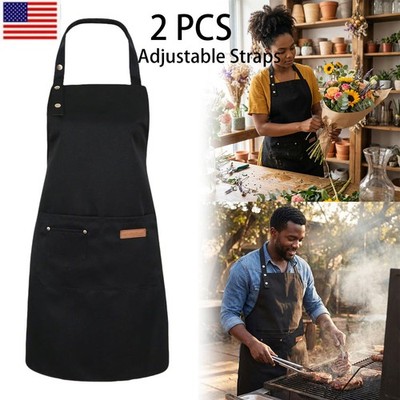 2PCS Canvas Kitchen Chef Cooking Apron Cross-Back Adjustable Bib Work BBQ US