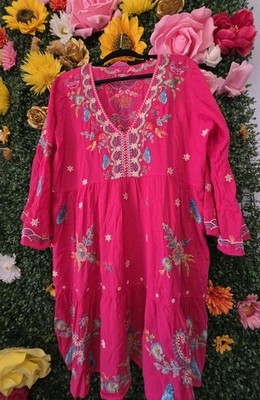 Johnny Was Workshop button down boho embroidered tunic dress sz L 