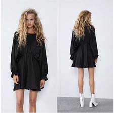 Zara Black Solid Round Neck Balloon Sleeve Elastic Waist Mini Dress S