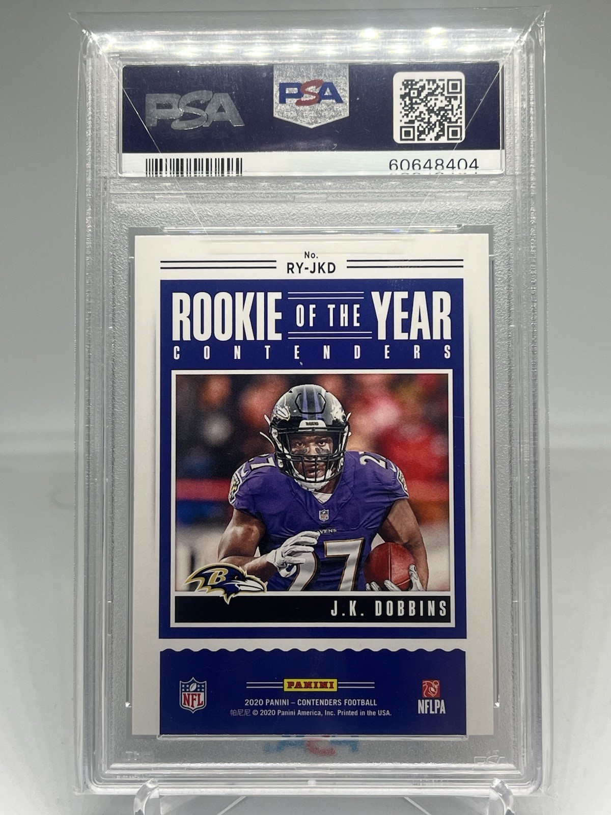 2020 Panini Contenders ROY Contenders JK Dobbins RC PSA 10 Denver Broncos view 2