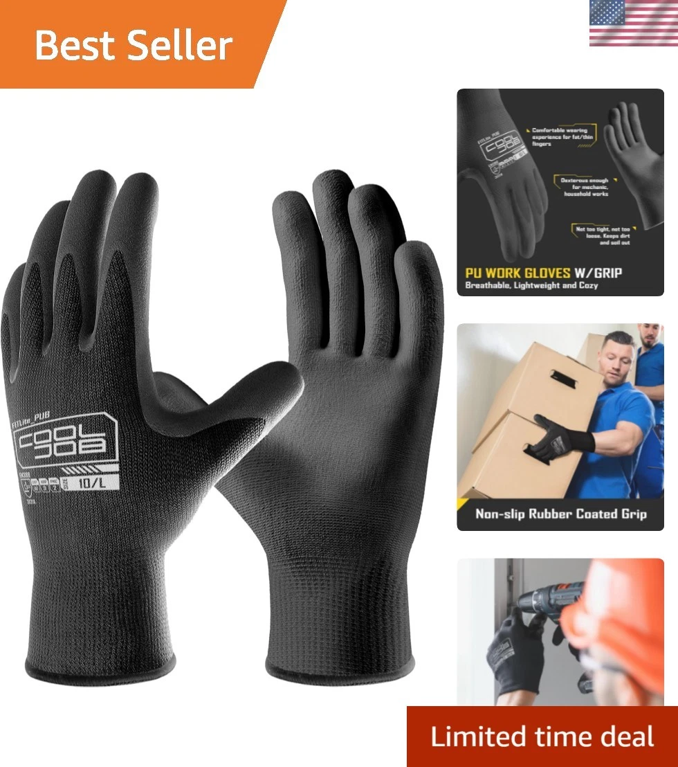 12/60 Pairs Safety Work Gloves Pack Bulk with Grip PU Coating, 13 Gauge Seaml...