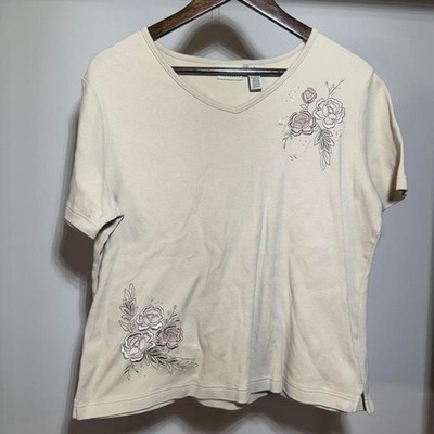 Classic Elements Cream Shirt With Embroidered Roses Size Large 100% Cotton Boho
