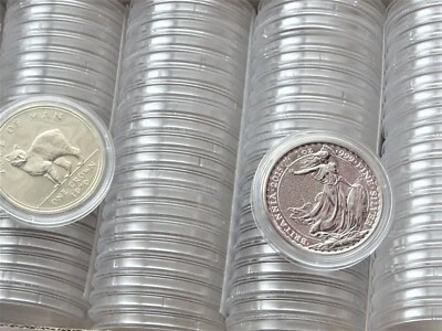 20 x capsule per monete scatole rotonde custodie misura 39 mm (CORONA, £ 5, 1 oz argento)