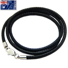 Black Woven Necklace Rope Leather Cord Stainless Steel Lobster Clasp Mens Womens