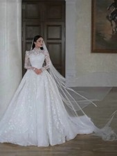 Long Sleeve A-line Wedding Dresses High Neck Appliques Lace Bridal Gowns