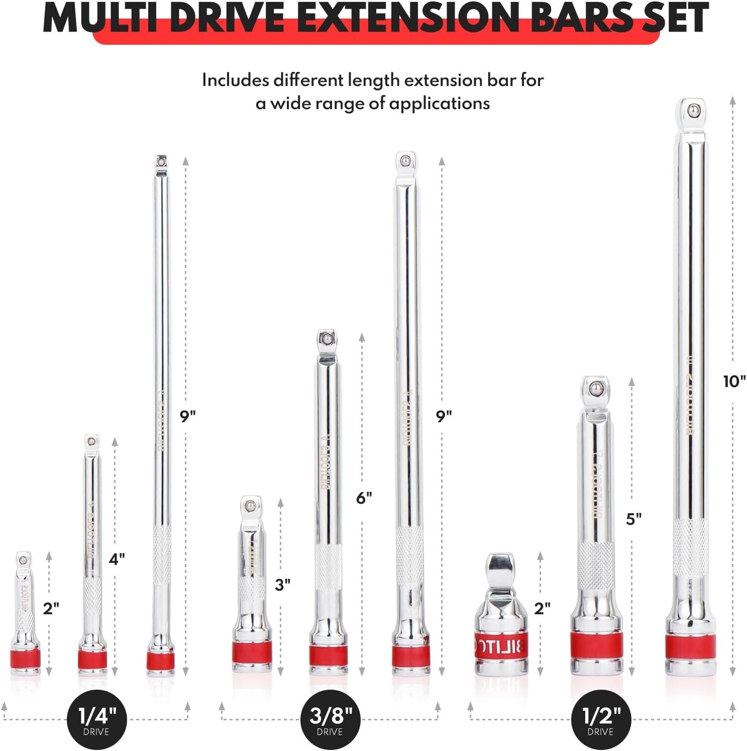 BILITOOLS Wobble Extension Set, 9 PCS 1/4", 3/8" and 1/2" Drive Ratchet Extensio