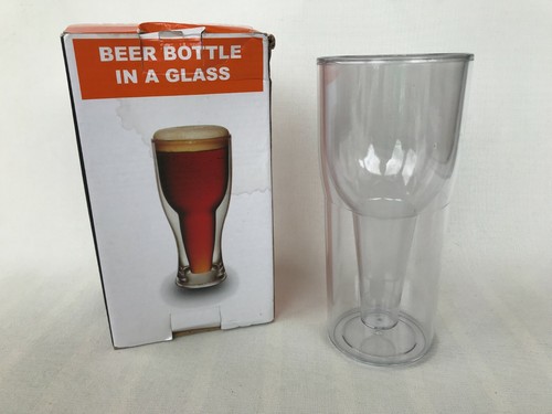 Plastic double walled bottle shape beer bottle in a glass cup man cave 18.5cm