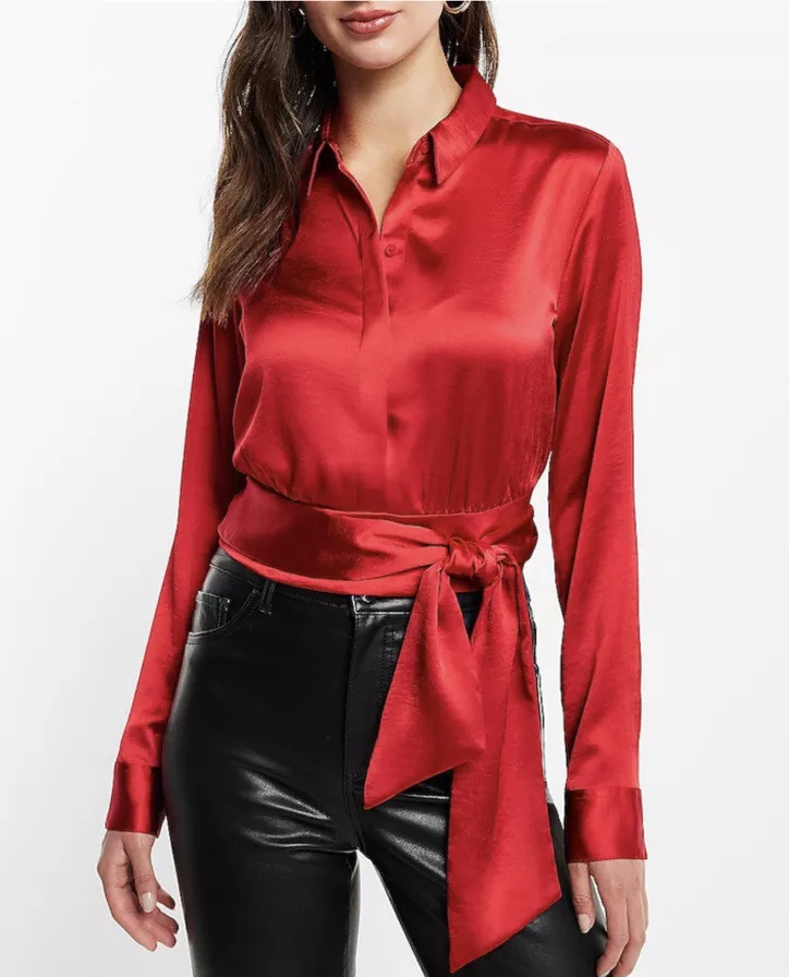 Express Women Red Satin Tie Front Top Banded Bottom Portofino Blouse Shirt  Small