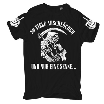 Übergrößen 3XL bis 8XL T-Shirt Totenköpfe Skull Motiv mit Sense Stinkefinger 