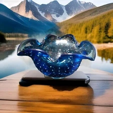 Creative Artisans Garden Art Hand Blown Blue Ombre Bubble Glass Ash Tray
