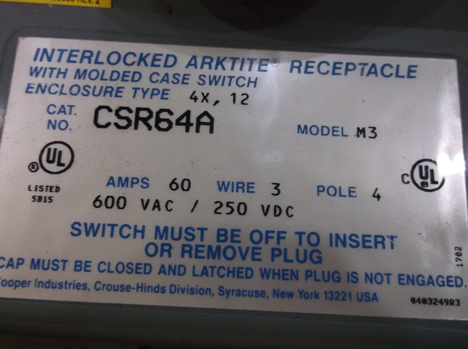CROUSE HINDS CSR64A INTERLOCKED ARKTITE RECEPTACLE 60A 4P 600 VAC (411 ...