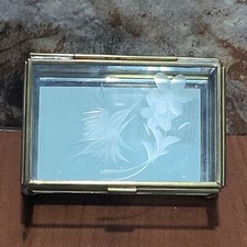 Vintage Trinket Box Hinged Lid Etched Bird Flower Glass Brass Trim Footed
