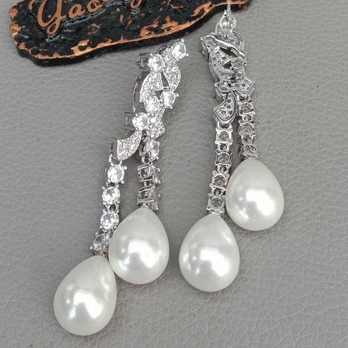 Teardrop White Sea Sell Pearl Cz pave White Gold Plated Stud Earrings - Picture 2 of 7